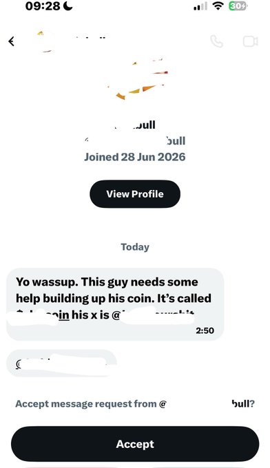 This screenshot shows a message requesting to accept a message request from "@bull", which is related to the poster building up a coin. The poster's successful marketing efforts are highlighted by a referral to this project.