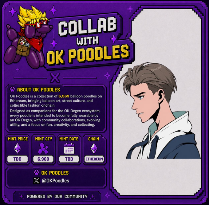 Pixel-art promotional graphic for 'COLLAB WITH OK POODLES,' describing the 6,669 balloon poodle NFT collection on Ethereum, with mint quantity 6,969, and featuring an anime-style character profile.