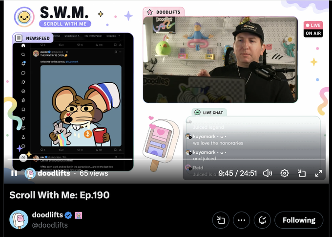 Screenshot of a Twitter/X Spaces live broadcast titled 'Scroll With Me: Ep.190' hosted by @doodlifts, showing a host streaming alongside a newsfeed featuring a cartoon mouse NFT image and an active live chat.