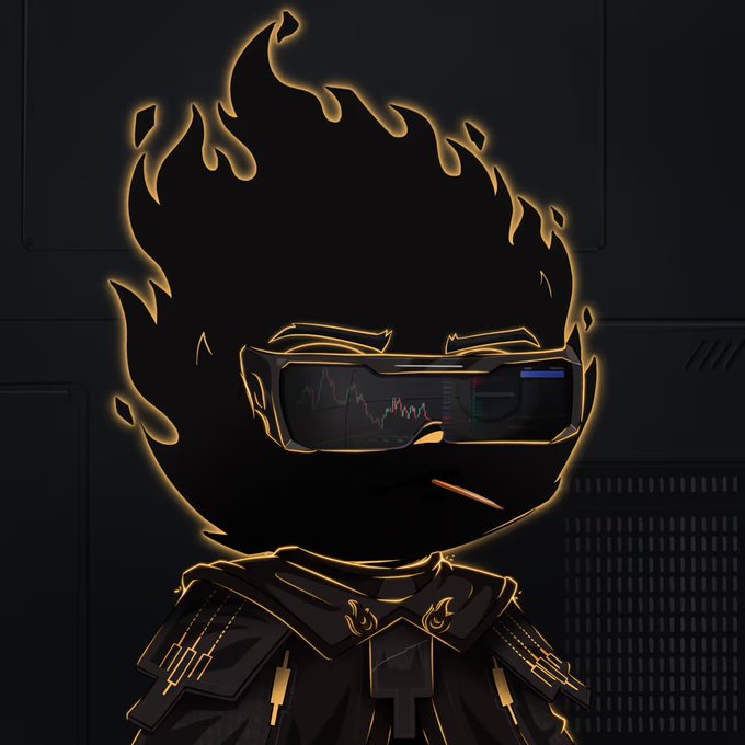 A stylized digital illustration of a character with glowing orange flame-like hair wearing futuristic VR goggles displaying a stock chart, dressed in tactical gear.