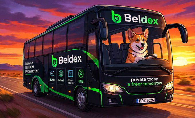 A digital illustration of a black and green bus branded 'Beldex' with a corgi dog driving it, set against a desert sunset, with text 'private today a freer tomorrow' and license plate 'BDX 2026'.