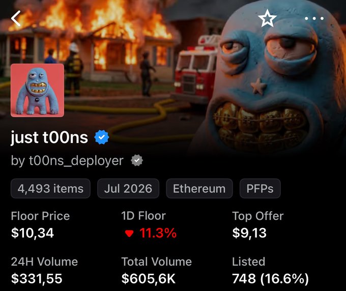 The image shows an NFT collection page for "just t00ns" by t00ns_deployer on Ethereum, featuring 4,493 items with a floor price of $10.34 (down 11.3% in 24 hours) and a 24H volume of $331.55. The eerie, gritted-teeth character avatar paired with the post's "no crying in the casino" sentiment visually captures the grim, stubborn resolve of a holder bracing for a project to either rug or rebound.