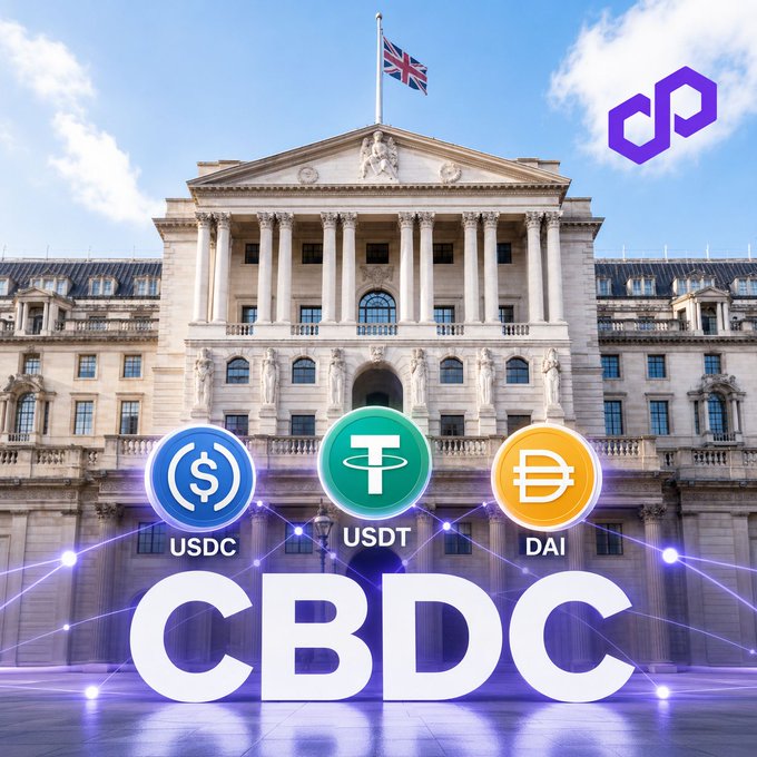 The image shows the Bank of England building with the UK flag flying, overlaid with crypto icons for USDC, USDT, and DAI stablecoins above large "CBDC" text, with the Polygon logo in the top right corner—visually representing the central bank's Phase 2 Digital Pound Lab testing CBDC and stablecoin interoperability using Polygon's settlement infrastructure.
