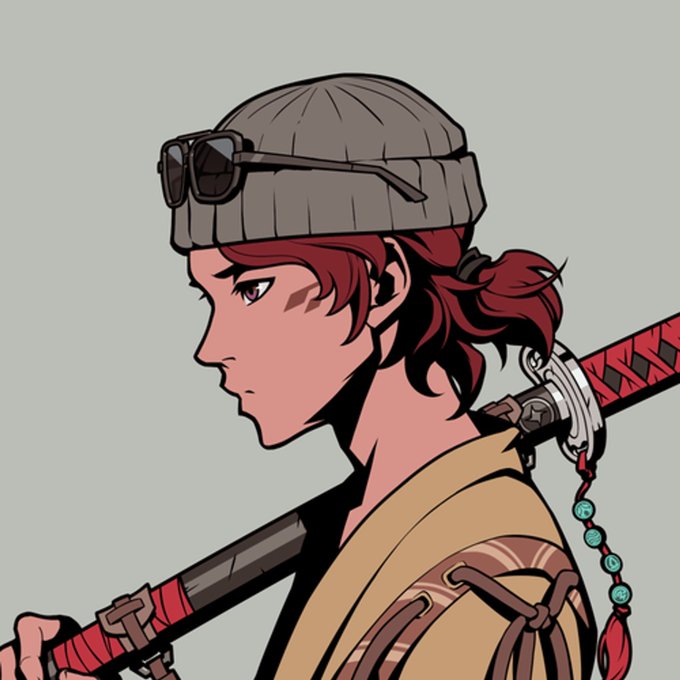 An anime-style illustration of a character with red hair, wearing a beanie, sunglasses on top, and a tan tunic, holding a red-handled katana over their shoulder.