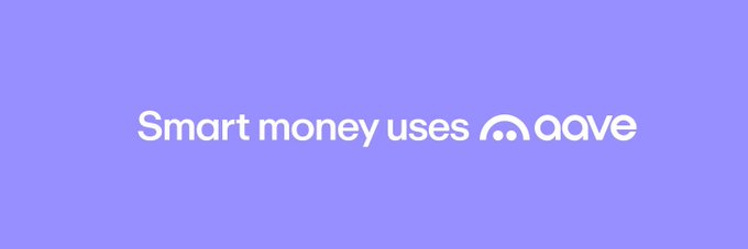 A lavender screen displays the white Aave slogan and logo: “Smart money uses aave.”