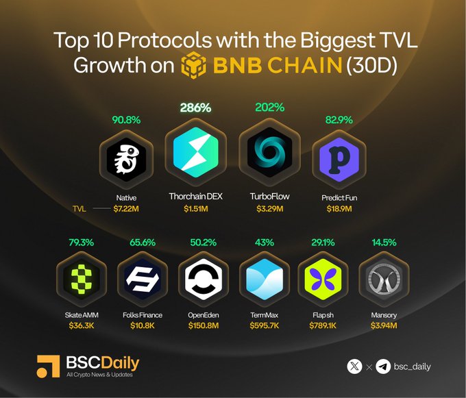 The image is an infographic by BSC Daily titled "Top 10 Protocols with the Biggest TVL Growth on BNB Chain (30D)," displaying 10 protocol logos with their 30-day TVL growth percentages and current TVL values. Notable figures include ThorchainDEX at 286% ($1.51M), TurboFlow at 202% ($3.29M), Native at 90.8% ($7.22M), Predict.Fun at 82.9% ($18.9M), and SkateAMM at 79.3% ($36.3K), with the post highlighting these top performers along with Folks Finance, OpenEden, TermMax, and Flap.sh.