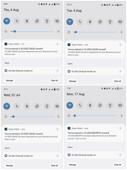 Four Bitget Wallet notification screenshots display accumulated crypto rewards—30 USDC-BASE (Thu, 6 Aug), 10 USDC-BASE (Tue, 4 Aug), 10 USDC-BASE (Wed, 22 Jul), and 10 USDC (MORPH) (Mon, 17 Aug)—illustrating the growing collection of passive earnings the user has stashed away on their device.
