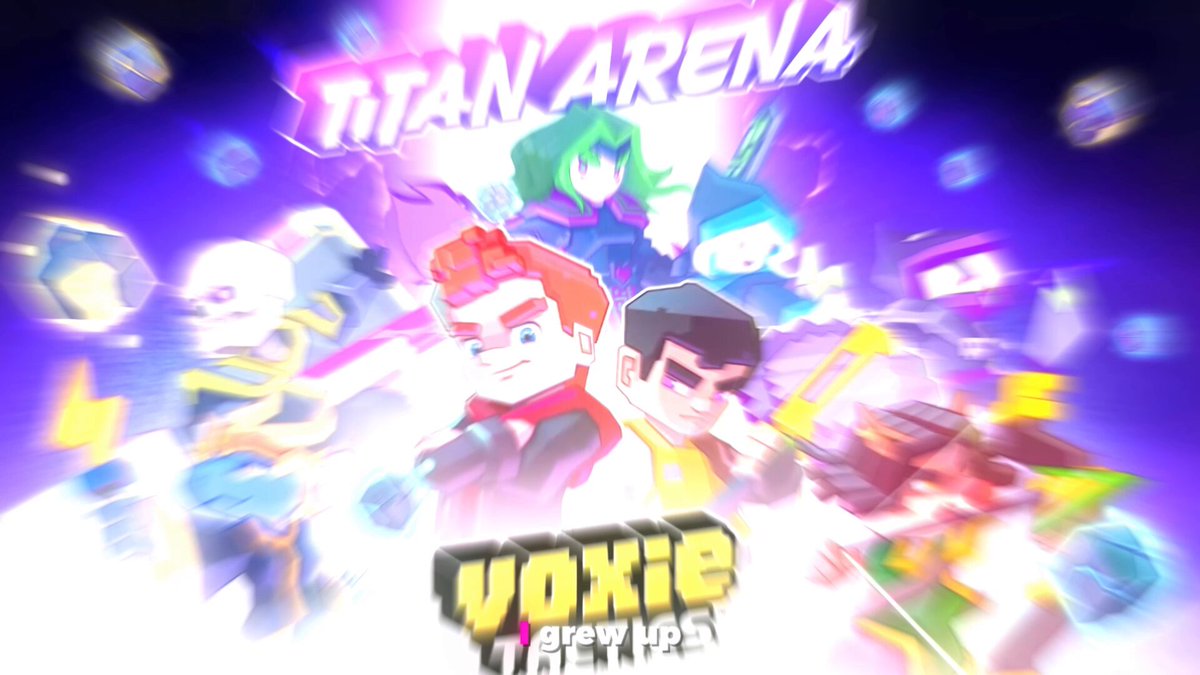 The image features a poster for a video game called "Voxie Tactics" with a group of cartoon characters from different video games. The characters are shown against a purple background, which gives them a unique appearance. The text on the poster reads "Voxie Tactics", and it mentions that the game is skill-based and has real stakes. It also highlights that the game is open to everyone in the Titan & Extreme arenas.