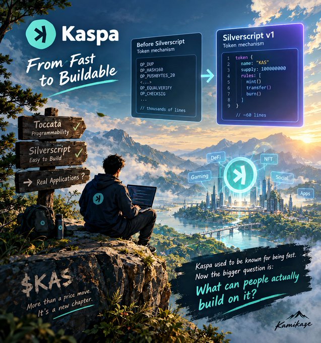 A promotional graphic for the cryptocurrency Kaspa titled 'From From To To Buildable' compares code structure before and after Silverscript, with text highlighting $KAS token.
