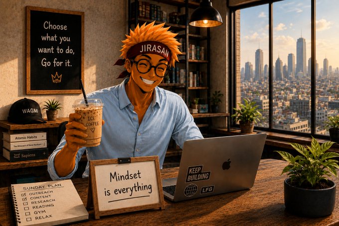 An illustrated scene shows a smiling man with a red 'JIRASAN' headband holding an iced coffee while sitting at a desk with a laptop, a 'Mindset is everything' sign, a 'KEEP BUILDING' sticker, and a chalkboard reading 'Choose what you want to do, Go for it.'