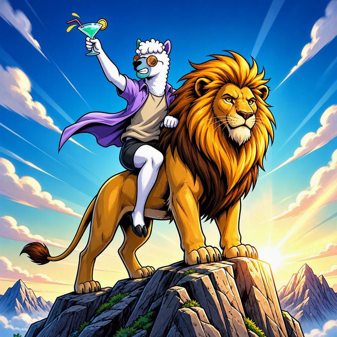 A cartoon alpaca wearing sunglasses and a purple cape triumphantly rides a majestic lion atop a mountain peak, holding up a cocktail glass against a radiant blue sky, embodying the post's message of Solama's triumphant return from vacation with a celebratory, party-ready spirit.