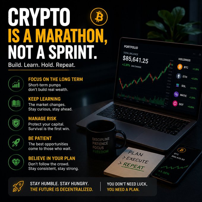 This image illustrates that crypto is a marathon, not a sprint, with key principles like focusing on the long term, managing risk, and patience, as shown by the laptop displaying portfolio data and growth charts. The text "CRYPTO IS A MARATHON, NOT A SPRINT." reinforces the message of long-term investing over short-term gains.