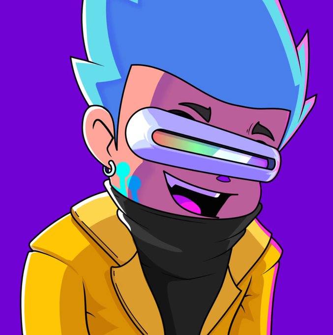 A cartoon-style illustration of a character with spiky blue hair wearing futuristic, rainbow-lensed visor glasses and a yellow hoodie against a purple background.