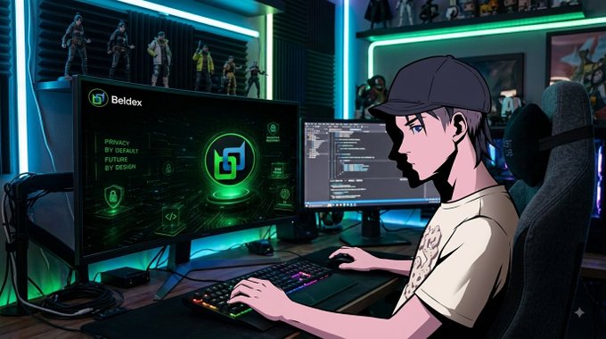 An anime-style illustration of a person wearing a cap at a gaming setup, with the Beldex cryptocurrency logo and interface displayed on the monitor.