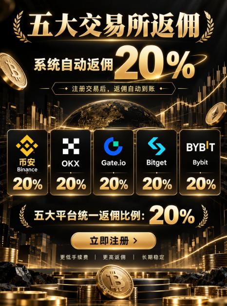 A Chinese-language cryptocurrency exchange advertisement promoting a 20% rebate across five major platforms, displaying logos for Binance, OKX, Gate.io, Bitget, and Bybit, with the text '五大交易所返佣' and a 'register now' button.