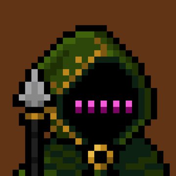 A pixel art image depicts a hooded character in green robes with a dark face featuring pink/magenta vertical bars, possibly representing a visor or eyes, with what appears to be a star decoration on their weapon or staff.