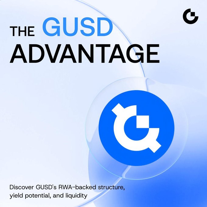 A promotional graphic titled "THE GUSD ADVANTAGE" features the Gemini "G" logo and GUSD coin emblem on a blue, glassy background, with text promoting GUSD's RWA-backed structure, yield potential, and liquidity—aligning with the post's pitch of using USDT to access GUSD's tokenized U.S. Treasury–backed stablecoin offering a 3.60% indicative APY with daily crediting and 1:1 subscription/redemption.