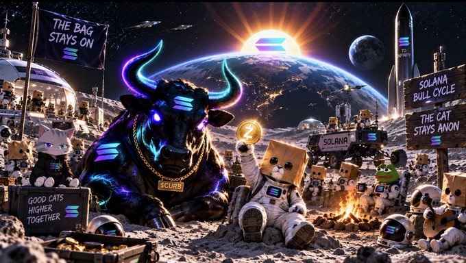A neon-lit cosmic scene features a cyberpunk bull wearing a "$CURB" chain alongside cardboard box-headed astronauts, with signs reading "THE BAG STAYS ON," "SOLANA BULL CYCLE," "THE CAT STAYS ANON," and "GOOD CATS HIGHER TOGETHER" while a rocket emblazoned with the Solana logo launches toward Earth, all tying together the bullish Solana memecoin community vibe of $SOL, $CURB, $ZCAT, and $PURR.
