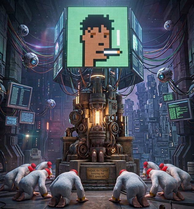 A cyberpunk digital artwork depicting a large mechanical shrine displaying a pixelated face smoking a cigarette, with small white humanoid figures with red caps kneeling in worship, with a plaque reading 'DCOuit, the legend keeping the NFT space safe.'