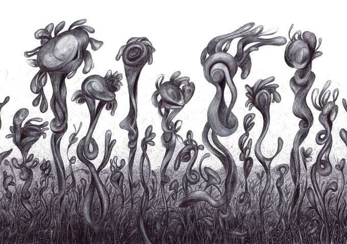 A detailed black and white sketch depicts a field of surreal, twisted plant-like forms with bulbous tops and curling tendrils.