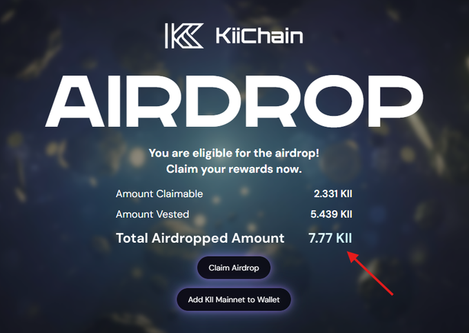 A KiiChain airdrop page announcing eligibility with details showing 'Amount Claimable: 2.331 KII', 'Amount Vested: 5.439 KII', and 'Total Airdropped Amount: 7.77 KII' with a red arrow pointing to the total.
