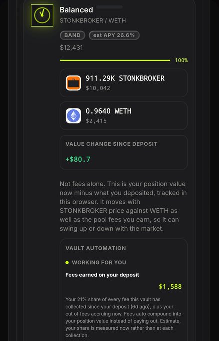 The image shows a dashboard displaying a "Balanced" BAND for the STONKBROKER/WETH liquidity pool with a current value of $12,431, consisting of 911.29K $STONKBROKER ($10,042) and 0.9640 WETH ($2,415), showing a +$80.7 value change since deposit and 26.6% estimated APY. A "Vault Automation" section indicates the position is "Working For You," with fees earned on the deposit totaling $1,588 (a 21% share of fees). This visually supports the post's claims about adding to the STONKBROKER Smart LP, displaying the exact $12,431 value, $80.70 value change, and $1,588 in fees earned.