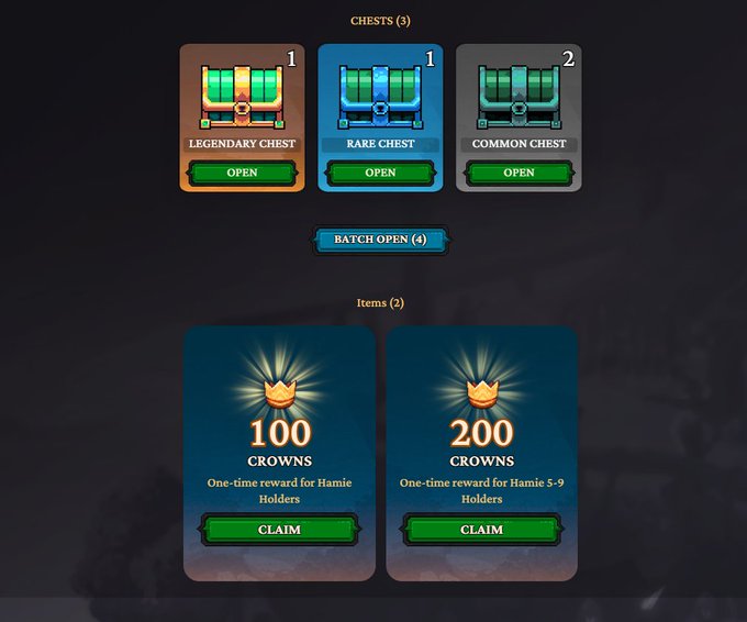 A mobile game rewards screen displaying 3 chests (1 Legendary, 1 Rare, 2 Common) with Open buttons, a Batch Open (4) option, and two Crown rewards of 100 and 200 crowns for Hamie Holders milestones.