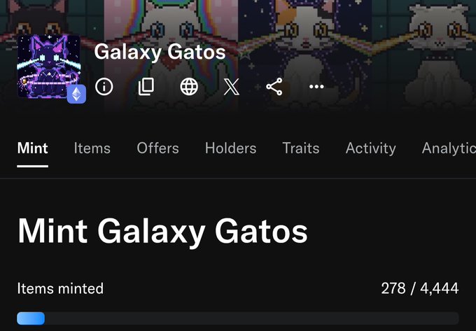 A webpage screenshot for 'Galaxy Gatos' showing the 'Mint' tab is active, with text displaying 'Mint Galaxy Gatos' and 'Items minted 278 / 4,444'.