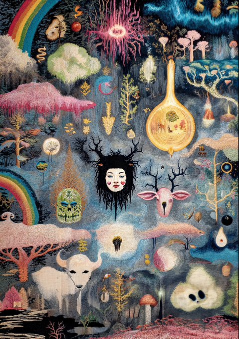 A whimsical mixed-media artwork titled "Things that go Bump! in the Night" features a dark, dreamlike landscape populated with eerie yet charming imagery—including a horned skull, a pale horned creature, a floating head with antlers, a pink sheep-like animal, rainbows, mushrooms, and a glowing flask. The post reflects the artist's love for the piece's blend of cute and scary elements.