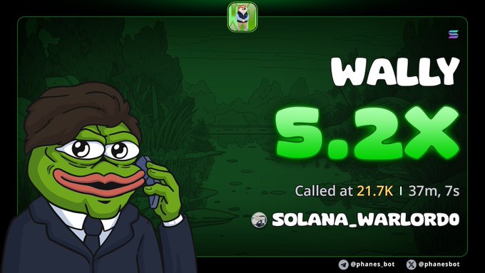 A cartoon green Pepe-like character in a suit talks on a phone, next to text reading 'WALLY 5.2X Called at 21.7K | 37m, 7s SOLANA_WARLORD' with social handles '@phanes.bot'.
