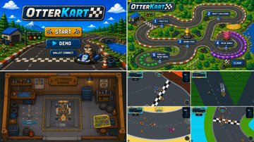 A collage of four screenshots from the mobile game 'OTTER KART,' displaying menus, a top-down racing track, and gameplay with a character named 'VIOLET.'