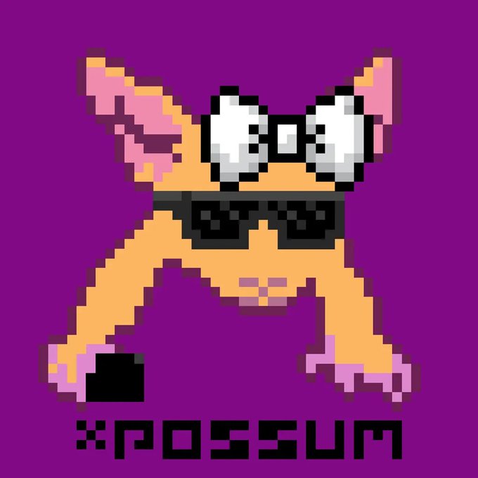 A pixel-art illustration of an orange/tan colored creature with large white eyes, pink ears, and claws against a purple background, labeled 'POSSUM' at the bottom.