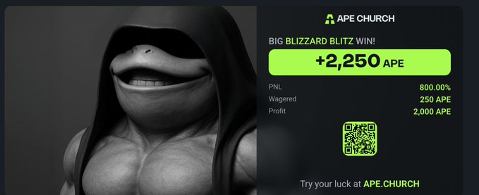 A promotional graphic for "APE CHURCH" featuring a hooded muscular frog character alongside a "BIG BLIZZARD BLITZ WIN" notification showing a +2,250 APE profit on a 250 APE wager.