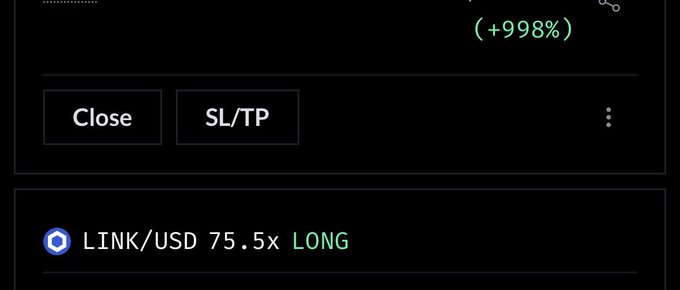 A trading interface showing a LINK/USD 75.5x LONG position with a (+998%) gain displayed at the top, along with 'Close' and 'SL/TP' buttons.