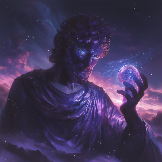A fantasy illustration of a bearded man in robes holding a glowing cosmic orb, set against a starry purple and pink night sky.