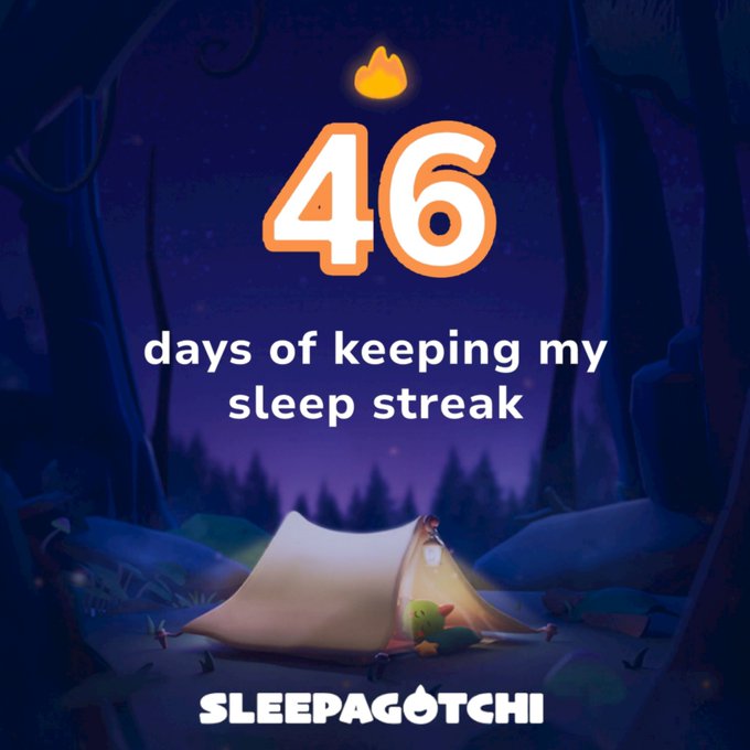 A mobile app screenshot for 'Sleepagotchi' displays a 3D animated nighttime forest scene with a tent and reads '46 days of keeping my sleep streak'.