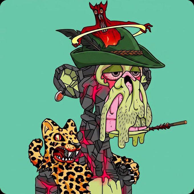 A grotesque cartoon hunter with a green hat adorned by a small red demon, drooling yellow-green slime while smoking a spiked cigar, stands beside a snarling leopard-print big cat—all set against a teal background. The artwork embodies the "trencher" meme culture referenced in the post, pairing wild, absurd imagery with bullish $CASHCAT trading banter.