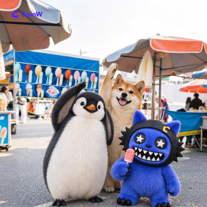 A whimsical scene at an outdoor ice cream market featuring a penguin, a Shiba Inu dog, and a blue furry monster character holding a popsicle, with an "E-KoinW" watermark in the corner.