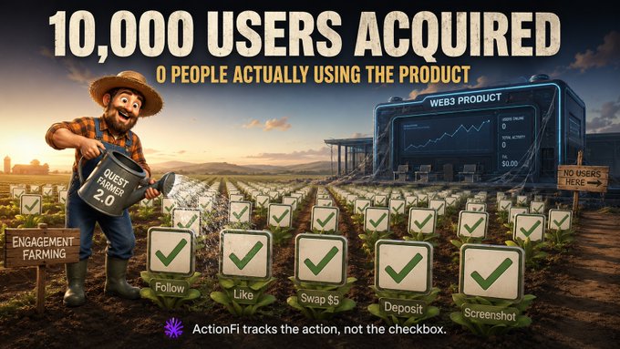 A satirical advertisement shows a farmer in a field of checkboxes representing 'Engagement Farming,' with text reading '10,000 USERS ACQUIRED' and '0 PEOPLE ACTUALLY USING THE PRODUCT,' promoted by ActionFi.