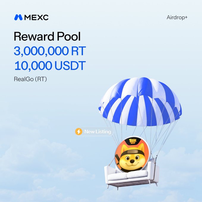 Promotional graphic for MEXC’s New Airdrop+ listing of RealGo’s $RT, announcing a reward pool of 3,000,000 RT and 10,000 USDT. It features a blue-and-white parachute carrying the RealGo mascot above the clouds, matching the campaign details for the $RT/USDT listing.