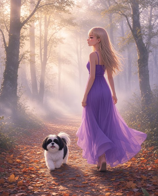 A blonde woman in a flowing purple dress walks through a misty autumn forest alongside a small fluffy black and white dog.