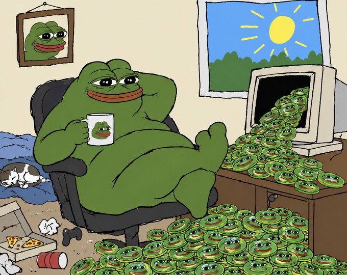 A cartoon meme of Pepe the Frog relaxing in a chair holding a mug with his own face, surrounded by massive piles of Pepe coins flowing out of a computer monitor and across the floor.