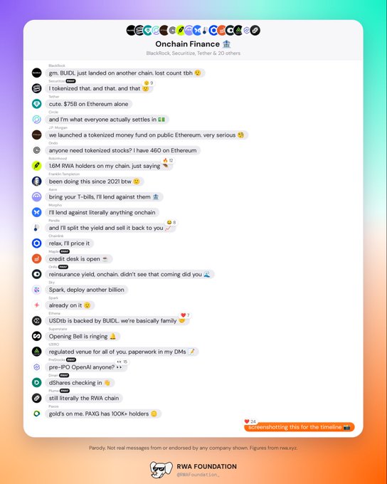 An Onchain Finance social post is shown with the caption “gm, BUDL just landed on another chain. lost count tbh” and comments discussing Ethereum, BUDL, OpenAI, and RWA.