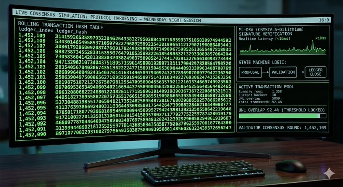 A monitor displaying a 'LIVE CONSENSUS SIMULATION' with rolling transaction hash tables, ML-QSA signature verification graphs, and a state machine logic diagram for protocol hardening.