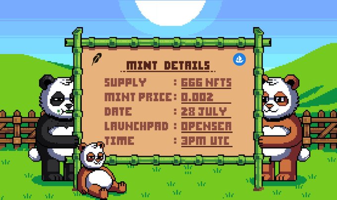 A pixel art advertisement showing three pandas holding a bamboo-framed sign titled "MINT DETAILS" that reads: Supply 666 NFTs, Mint Price 0.002, Date 28 July, Launchpad OpenSea, Time 3PM UTC—promoting the LazyPandas NFT mint with limited supply of 666 NFTs on OpenSea.