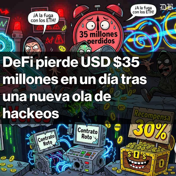 Spanish-language crypto news graphic with the headline 'DeFi pierde USD $35 millones en un día tras una nueva ola de hackeos,' featuring cartoon illustrations of a sweating clock, hackers, broken contracts, and a '30%' reward treasure chest.