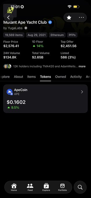A screenshot from a crypto/NFT app showing the "Mutant Ape Yacht Club" collection by Yuga Labs on Ethereum, with Floor Price $2,576.41, 19,569 items, and ApeCoin (APE) priced at $0.1602.