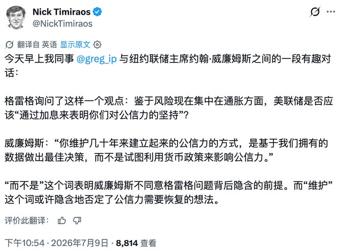 A tweet by Nick Timiraos (@NickTimiraos) shares a conversation between @greg_ip and New York Fed Chair John Williams about whether the Fed should raise rates to demonstrate commitment to credibility, with Williams emphasizing data-driven decisions over using monetary policy to influence credibility.
