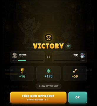A mobile game victory screen showing a win against an opponent named "Tecoj", with rewards of +16, +176, and +59.