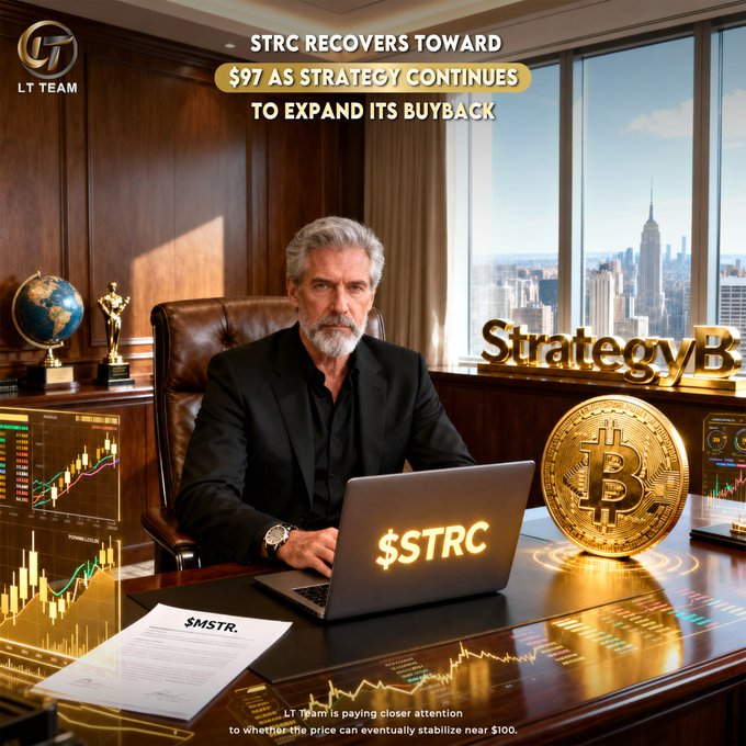 A confident trader monitors a glowing "$STRC" laptop beside a golden Bitcoin coin, framed by trading charts and a "StrategyB" sign, with the headline "STRC Recovers Toward $97 as Strategy Continues to Expand Its Buyback" highlighting STRC's rebound toward $97 amid Strategy's expanded buyback activity.